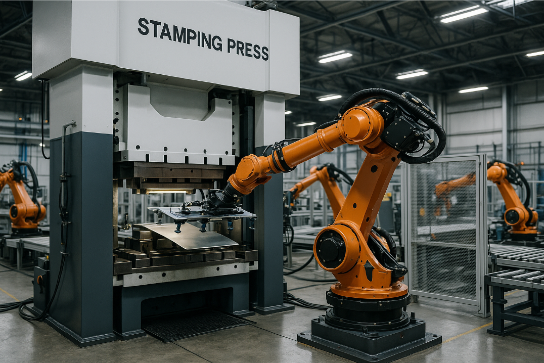 Modern automated stamping production line with robot arm