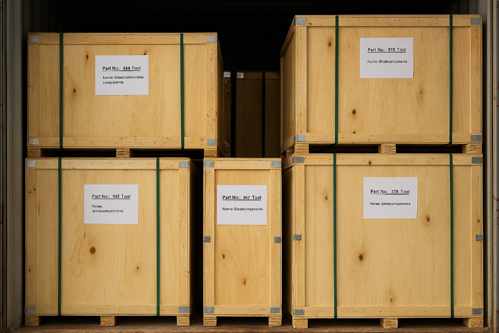 Six large wooden crates with white labels and metal reinforcements are stacked neatly inside a storage area or shipping container, clearly marked for inventory and shipment.