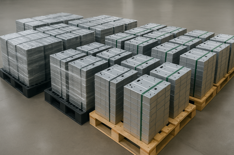 Stamped parts secured on pallets with wrap