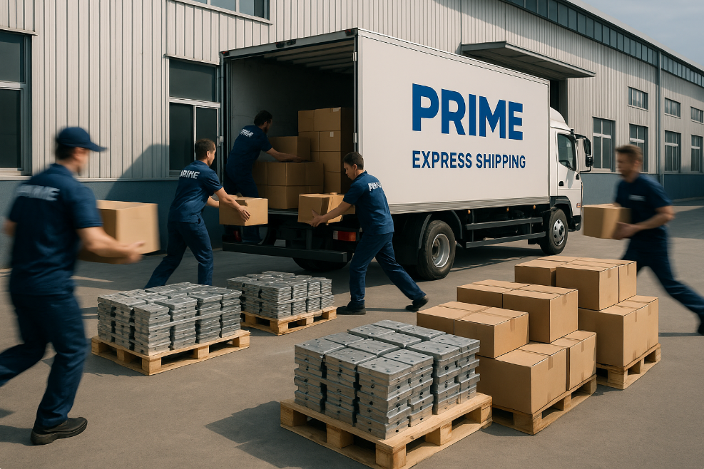 Workers in PRIME uniforms quickly load packed cartons and metal stamping parts onto a PRIME-branded delivery truck outside a modern warehouse, with visible motion blur to highlight the urgent, fast shipping process.