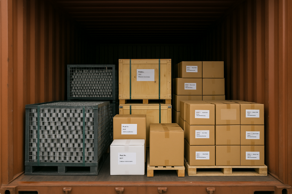 A shipping container interior neatly packed with metal parts in steel mesh cages, wooden crates, and cardboard cartons, all clearly labeled and efficiently arranged for LCL shipment, with no people present.