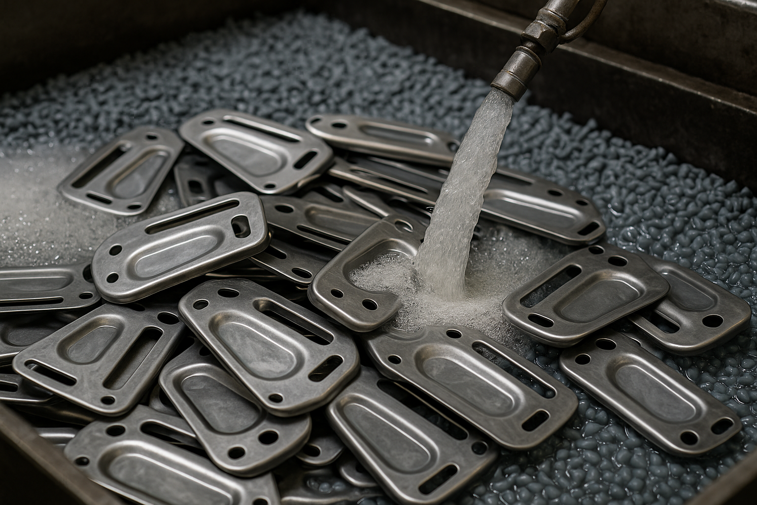 Stamped parts in vibratory finishing machine