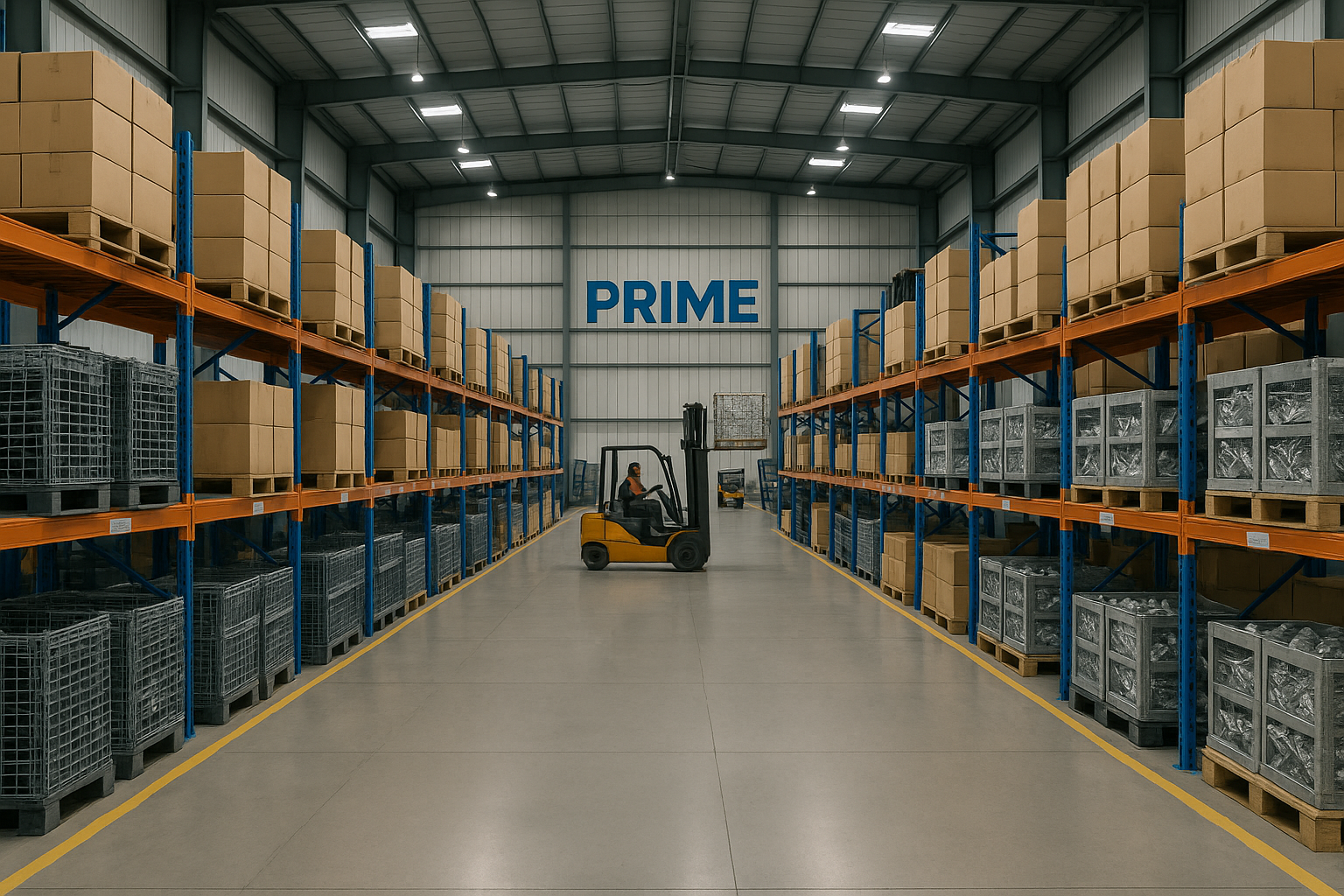 A spacious, modern PRIME production warehouse with tall blue and orange racks, stacked cartons and metal parts, and a forklift operating in the central aisle. The PRIME logo is displayed prominently on the back wall.