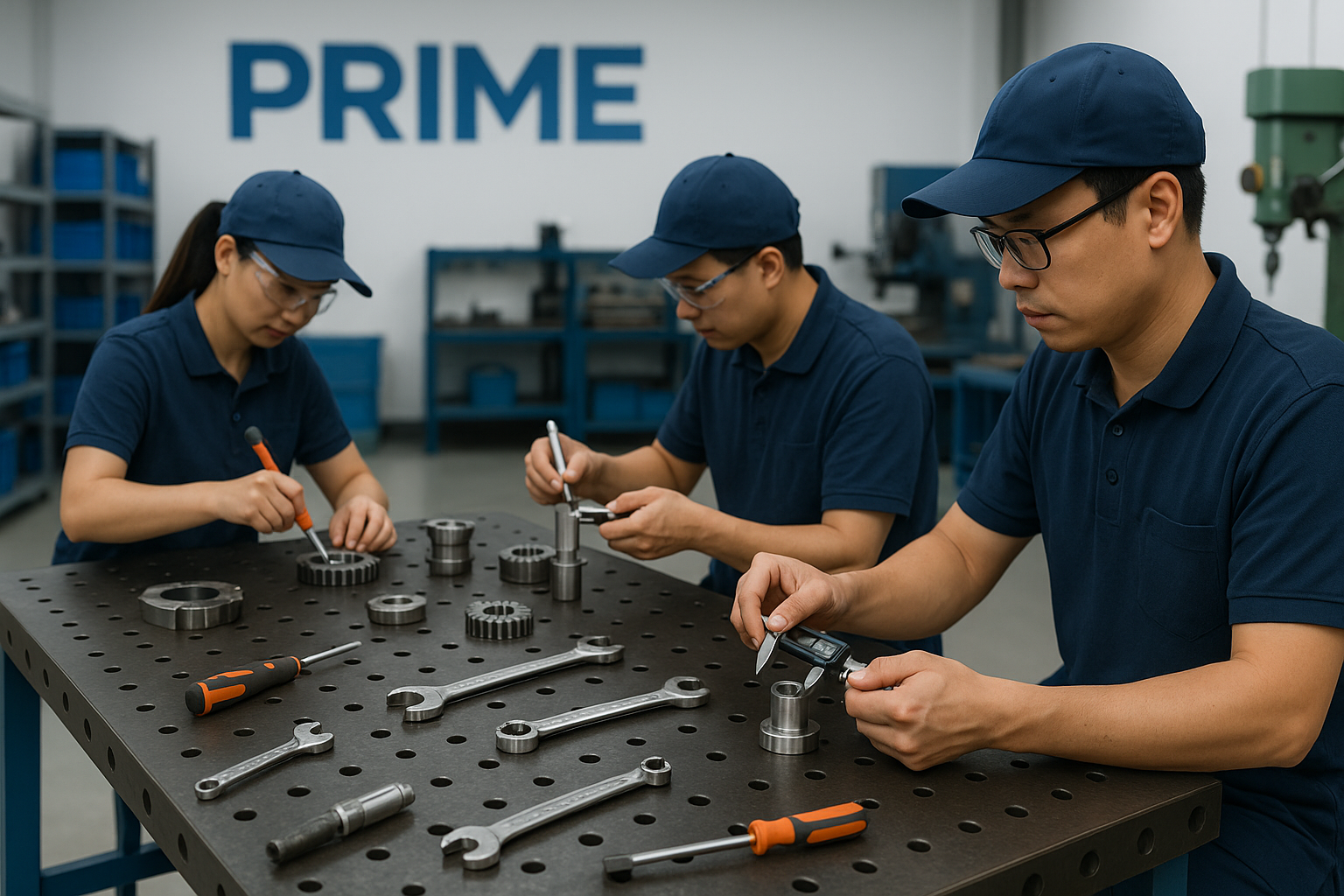 Three workers in a PRIME company workshop using precision tools like calipers, micrometers, and screwdrivers to inspect and assemble metal parts on a perforated steel workbench.