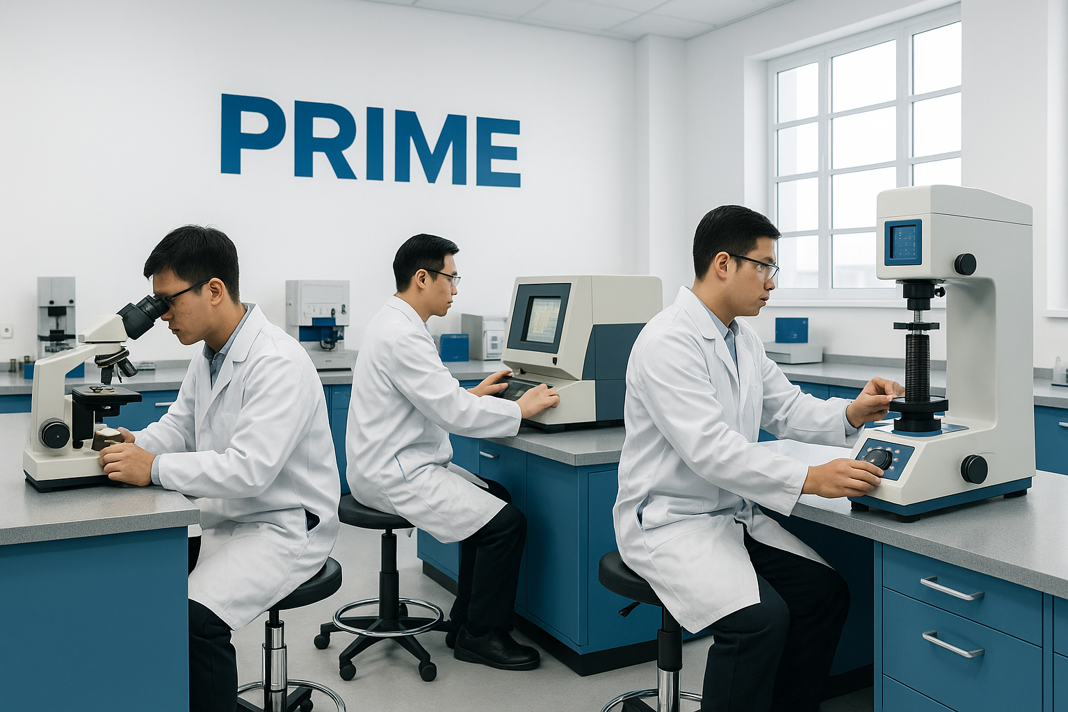 Three Asian lab technicians in white lab coats and safety glasses work with advanced laboratory equipment—microscope, spectrometer, and hardness tester—in a clean, modern PRIME factory laboratory, with the PRIME logo on the wall.