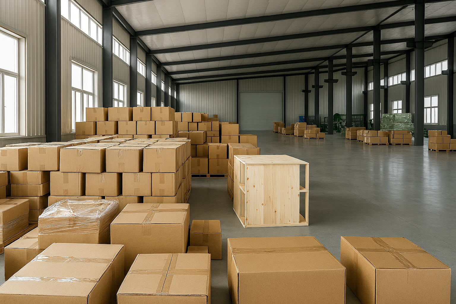 A spacious, well-lit warehouse interior with large stacks of cardboard boxes and wooden crates neatly arranged on the polished concrete floor. Tall windows and steel beams line the sides of the modern industrial space.