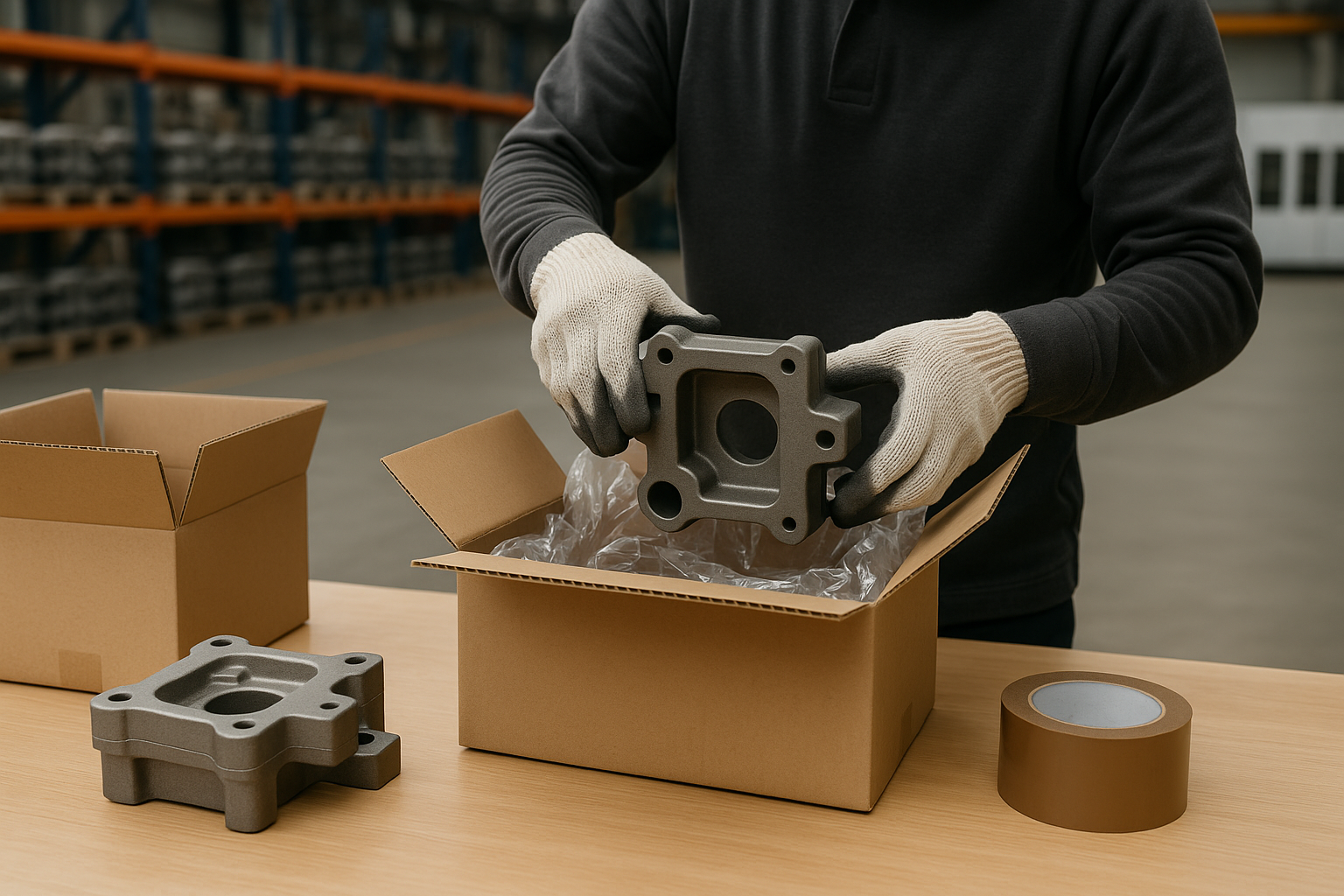 Worker packing a metal casting part into a cardboard box with protective gloves in an organized warehouse.
