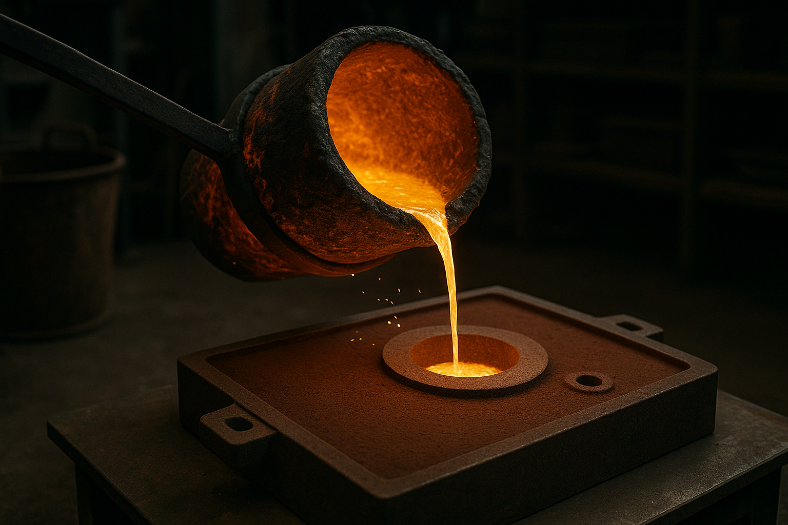 Molten metal being poured into a sand mold during mold-making process in a foundry