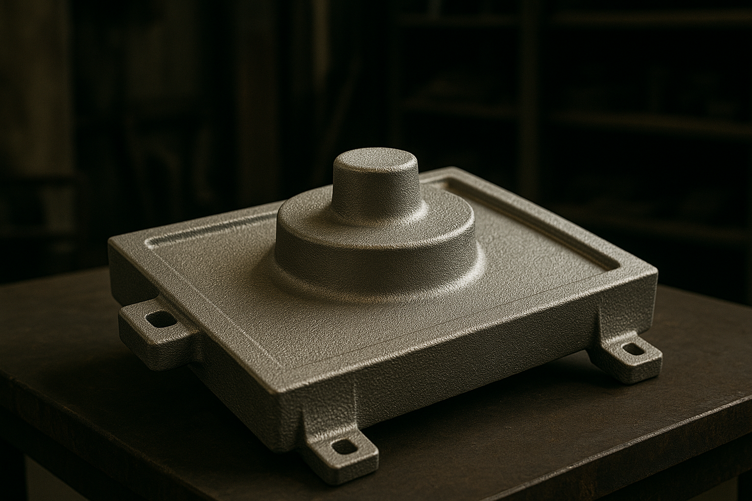 Freshly cast metal part with textured surface on a workbench