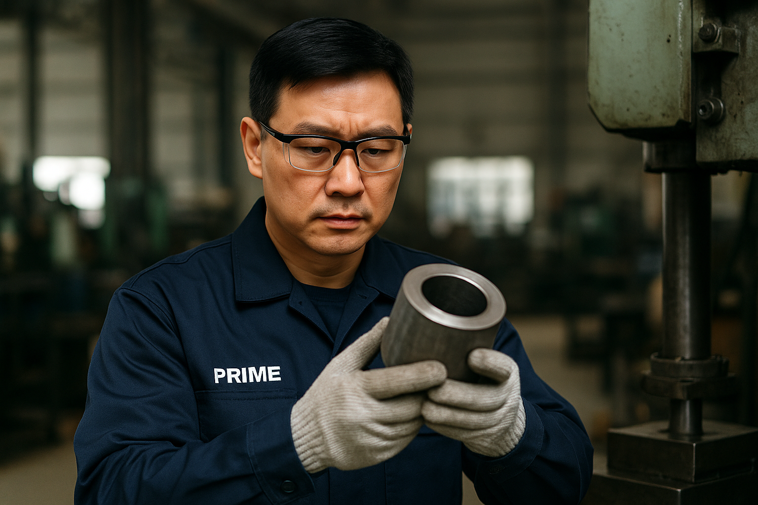 Asian factory worker in a PRIME uniform inspecting a cylindrical metal component in an industrial workshop.