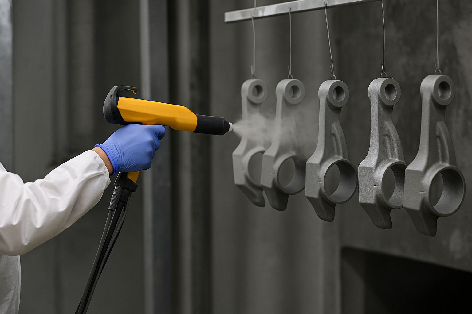 Worker applying powder coating to suspended metal casting parts using a yellow spray gun in an industrial environment.