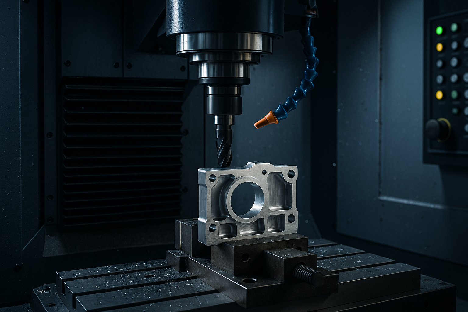 CNC milling machine operating in a workshop, machining an aluminum part mounted on a metal fixture.