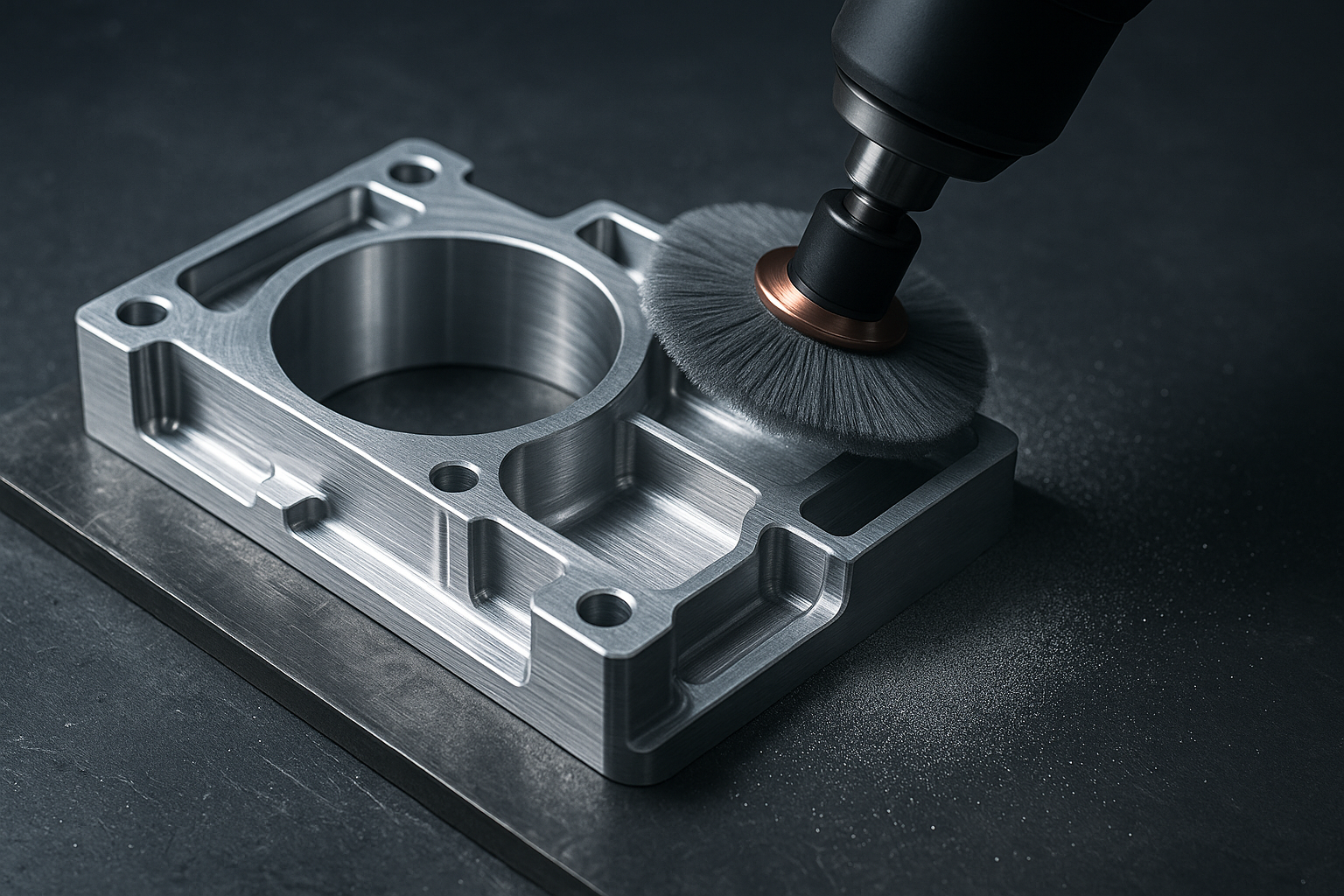 CNC aluminum part being polished with a rotary brush on a workbench.