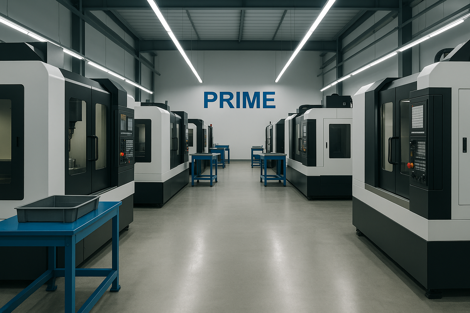 PRIME CNC machining workshop with aligned vertical machining centers and blue workstations.