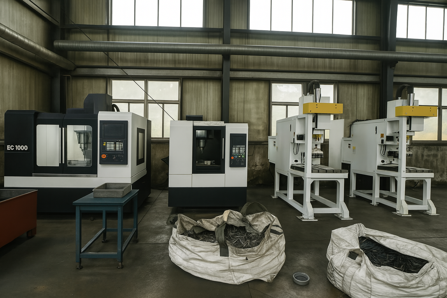CNC and hydraulic press machines in a spacious factory workshop with natural lighting.