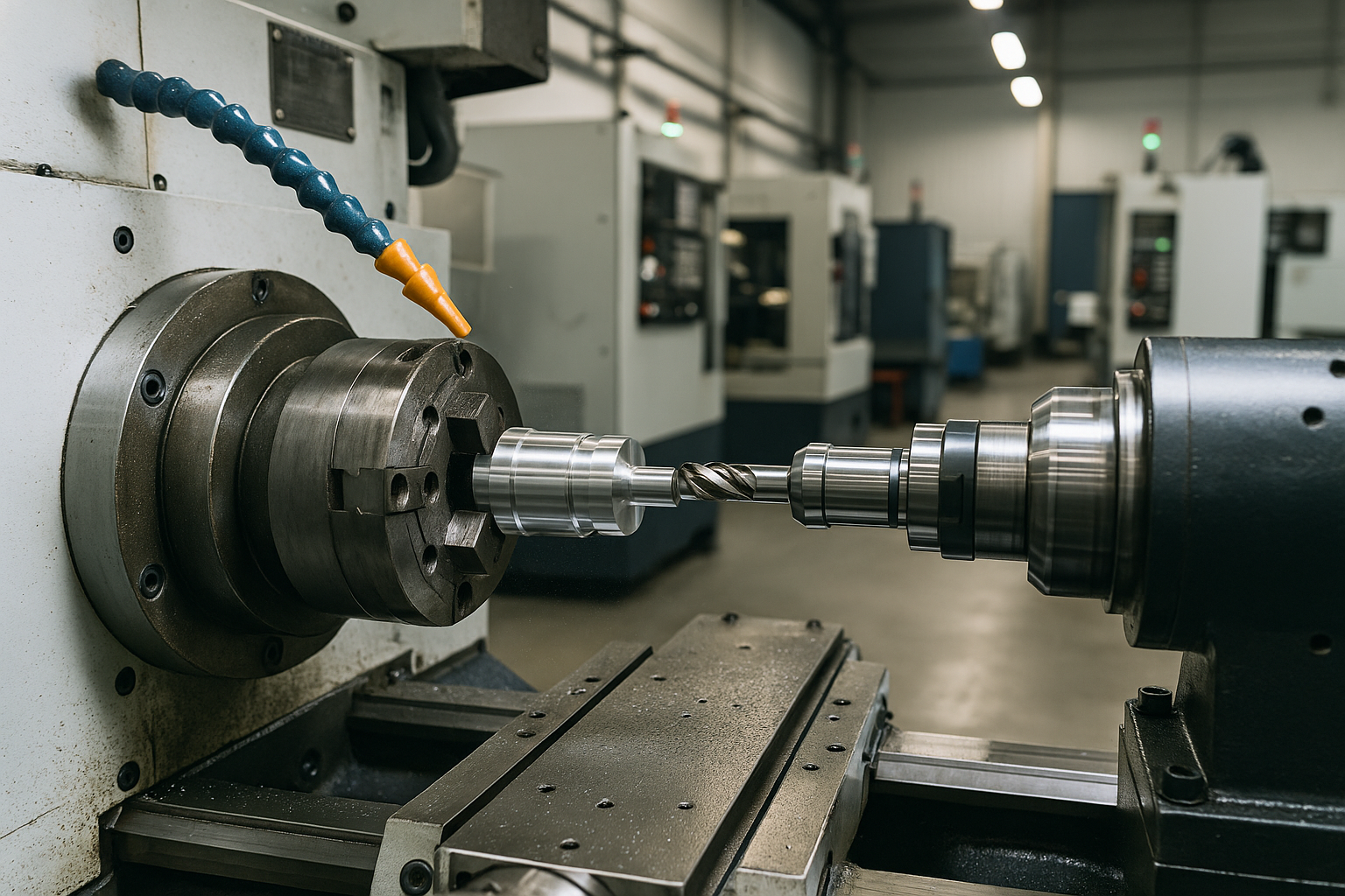 CNC machine cutting a cylindrical metal part in a modern, automated workshop.