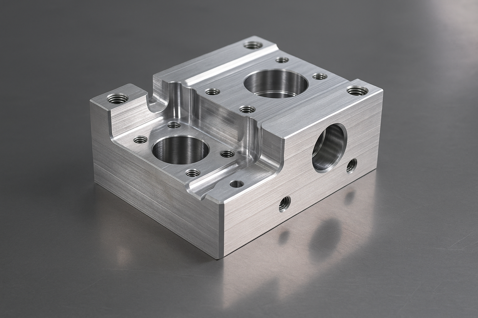 Precision-machined aluminum CNC part with complex features and threaded holes on a reflective gray surface.
