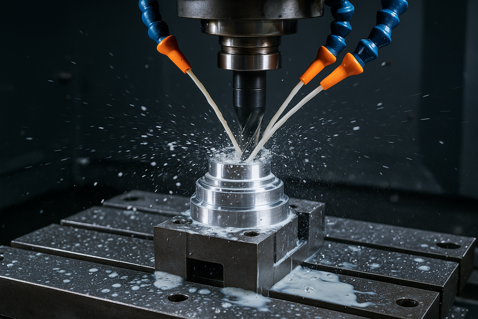 CNC milling machine cutting a metal part with coolant spray during high-precision machining