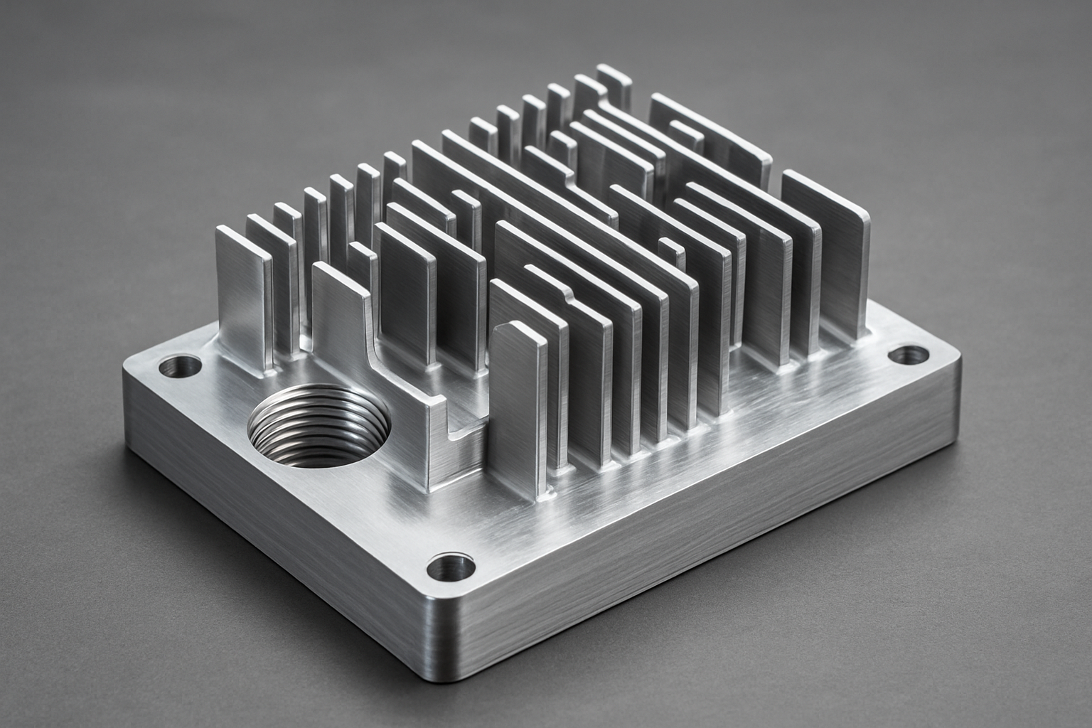 CNC-milled aluminum heat sink with precision fins and threaded hole on a gray background.