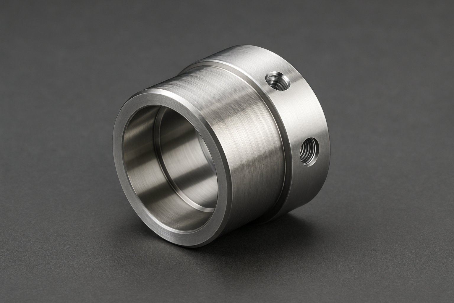 CNC-turned stainless steel cylindrical part with threaded holes and a polished surface on a dark background.