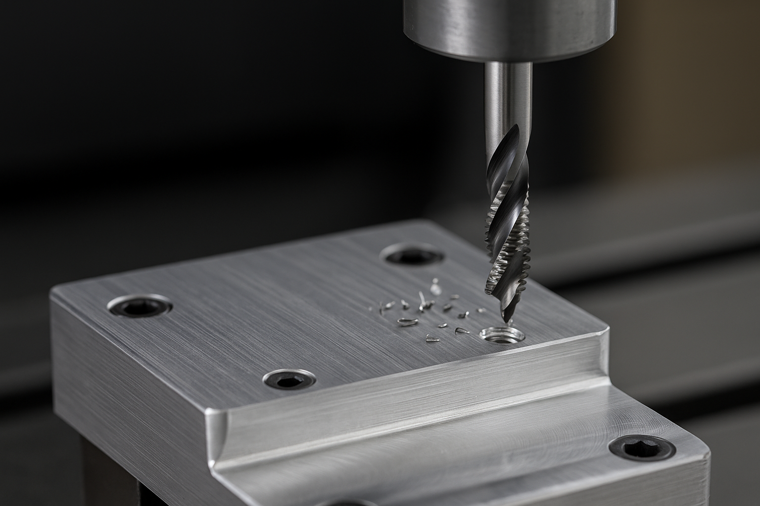 CNC machine tapping threads into an aluminum part using a spiral flute tap, with visible metal chips on the workpiece surface.