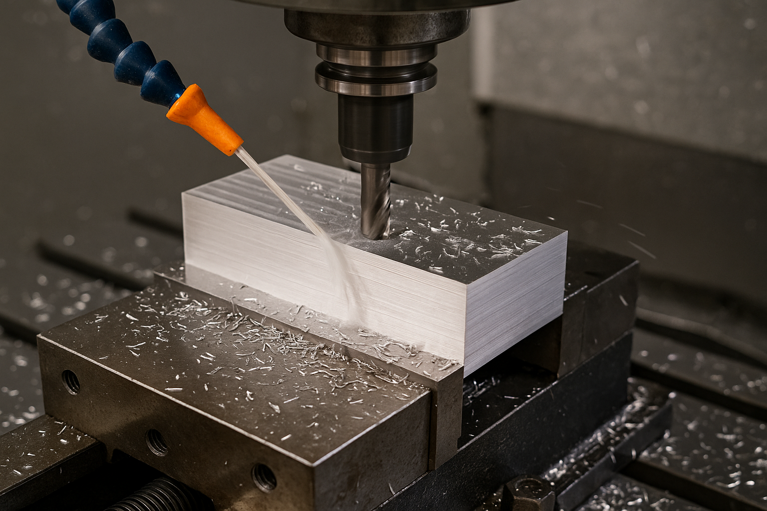 CNC machine milling a solid aluminum block with coolant spray and visible metal chips on the work surface