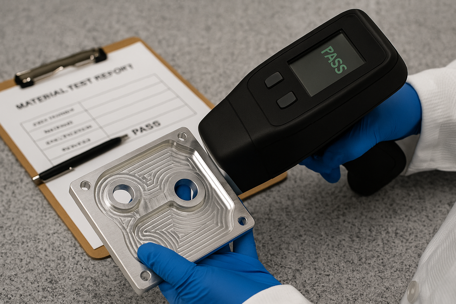 Technician testing a CNC machined aluminum part with a handheld XRF analyzer, next to a material test report labeled PASS 
