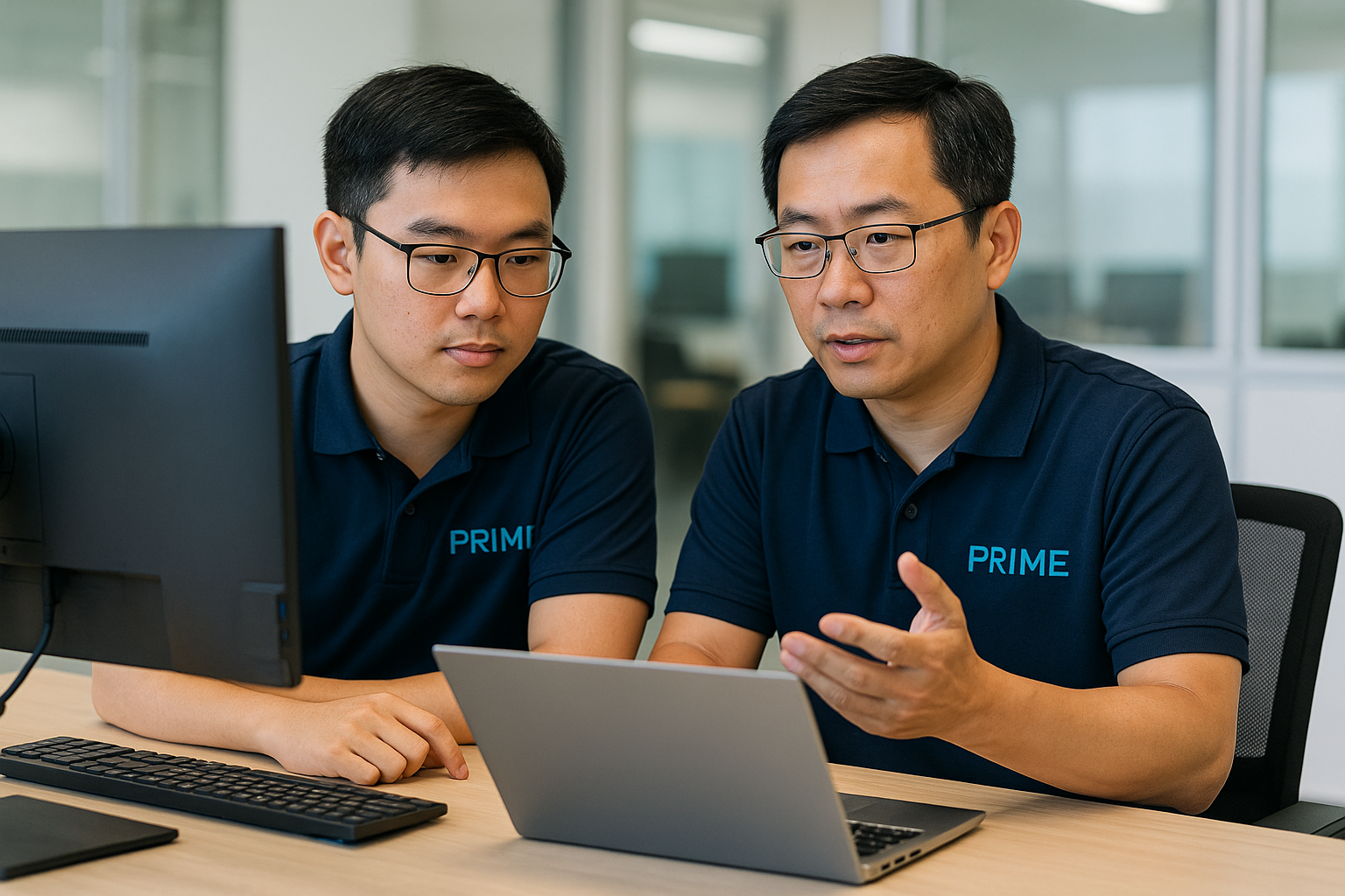 Two Asian PRIME engineers discussing CNC part lifecycle cost analysis while working on a laptop and desktop in a modern office setting