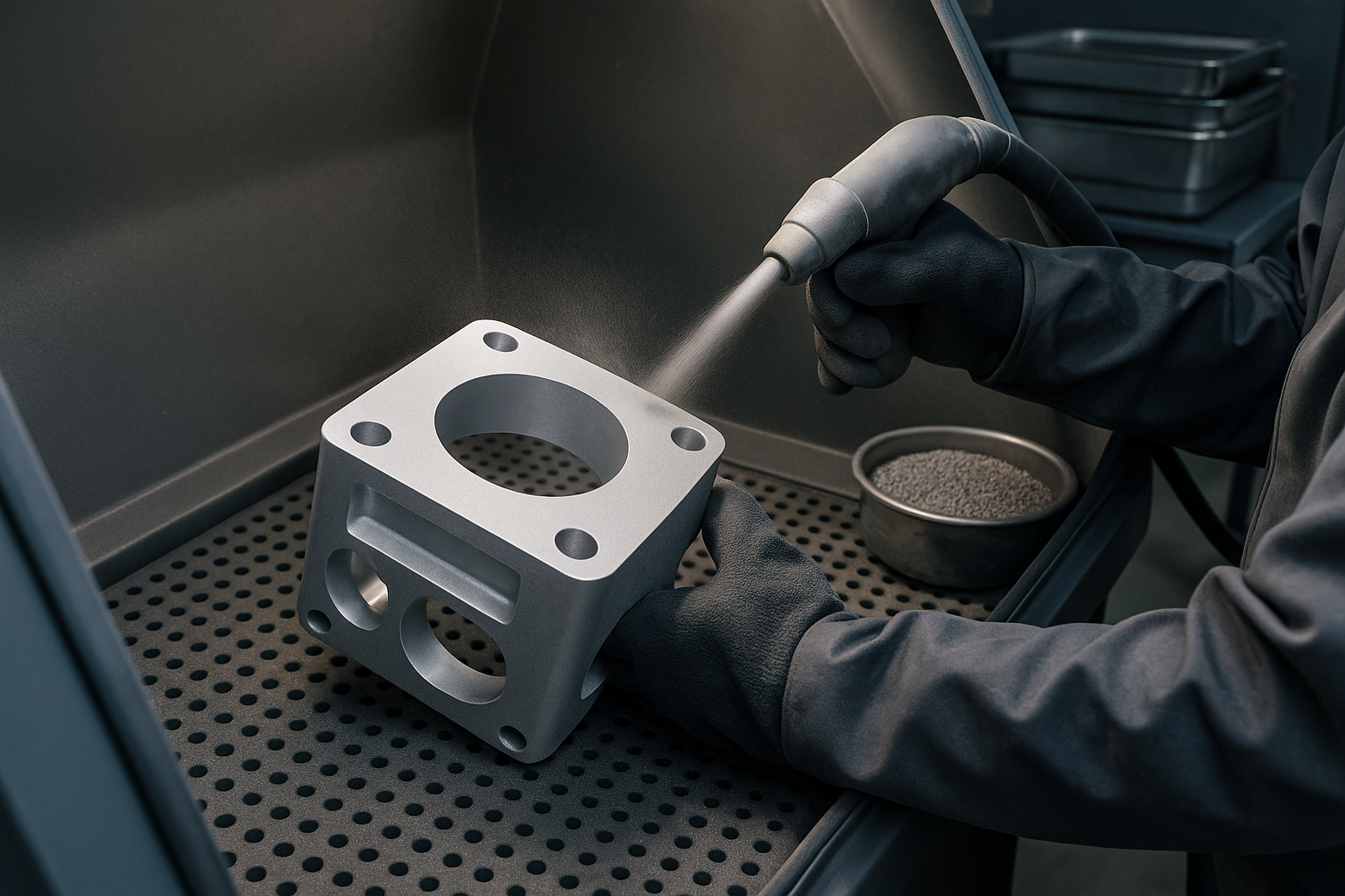 Worker shot blasting a CNC-machined aluminum part inside an industrial cabinet to achieve a matte finish