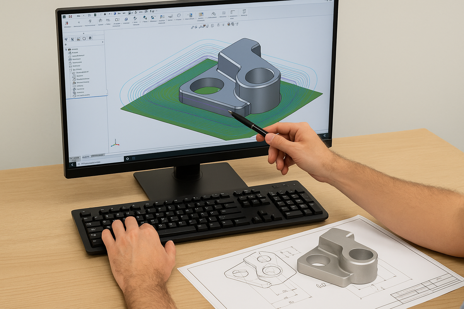 Engineer analyzing CNC toolpath and fixture design on a computer screen with a physical part and technical drawing on the desk