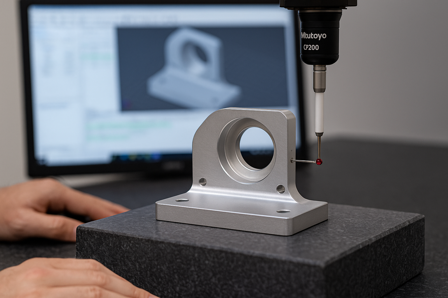Coordinate Measuring Machine (CMM) probing a CNC-machined aluminum part for final dimensional verification