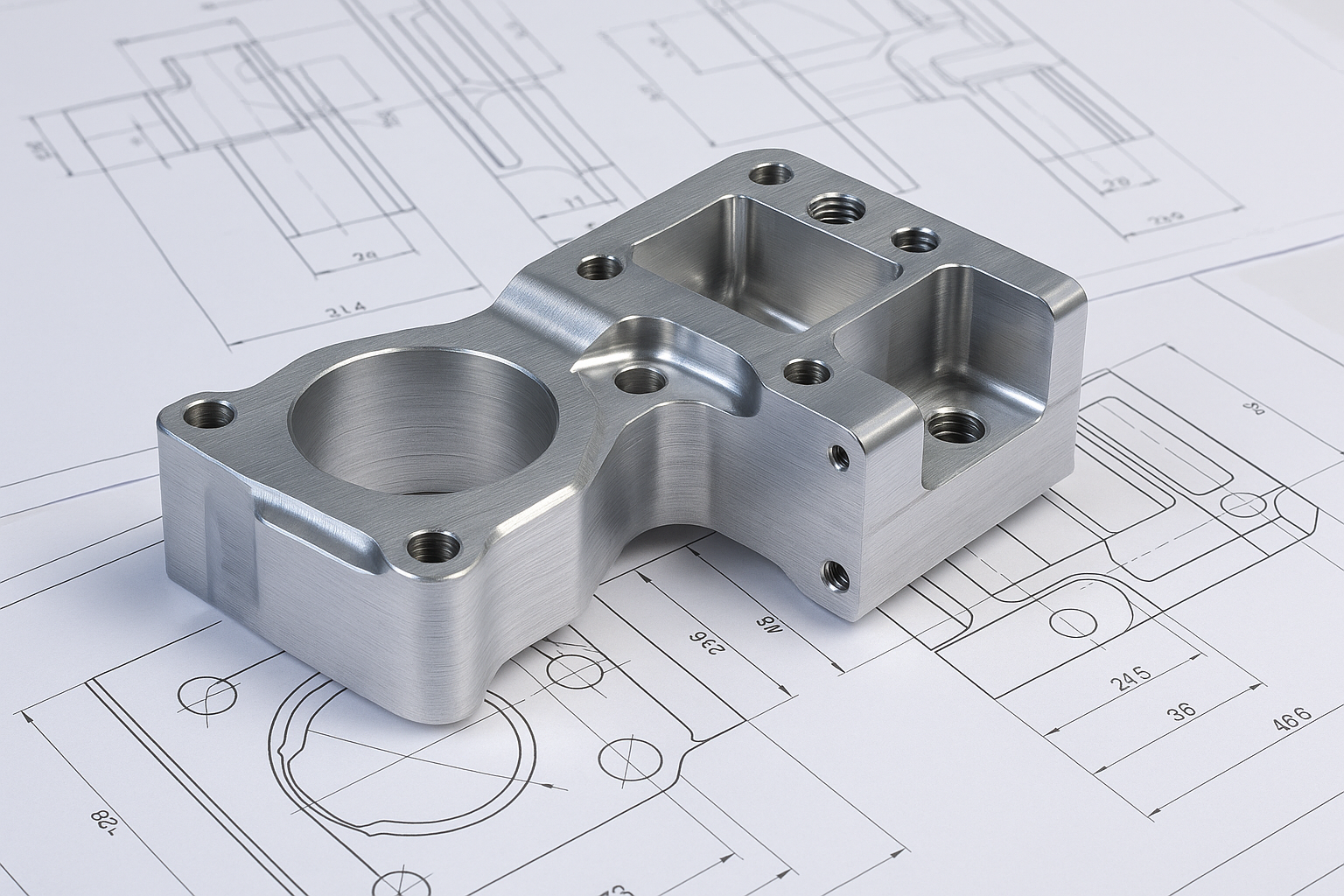 Precision CNC-machined aluminum automotive component resting on detailed engineering blueprints