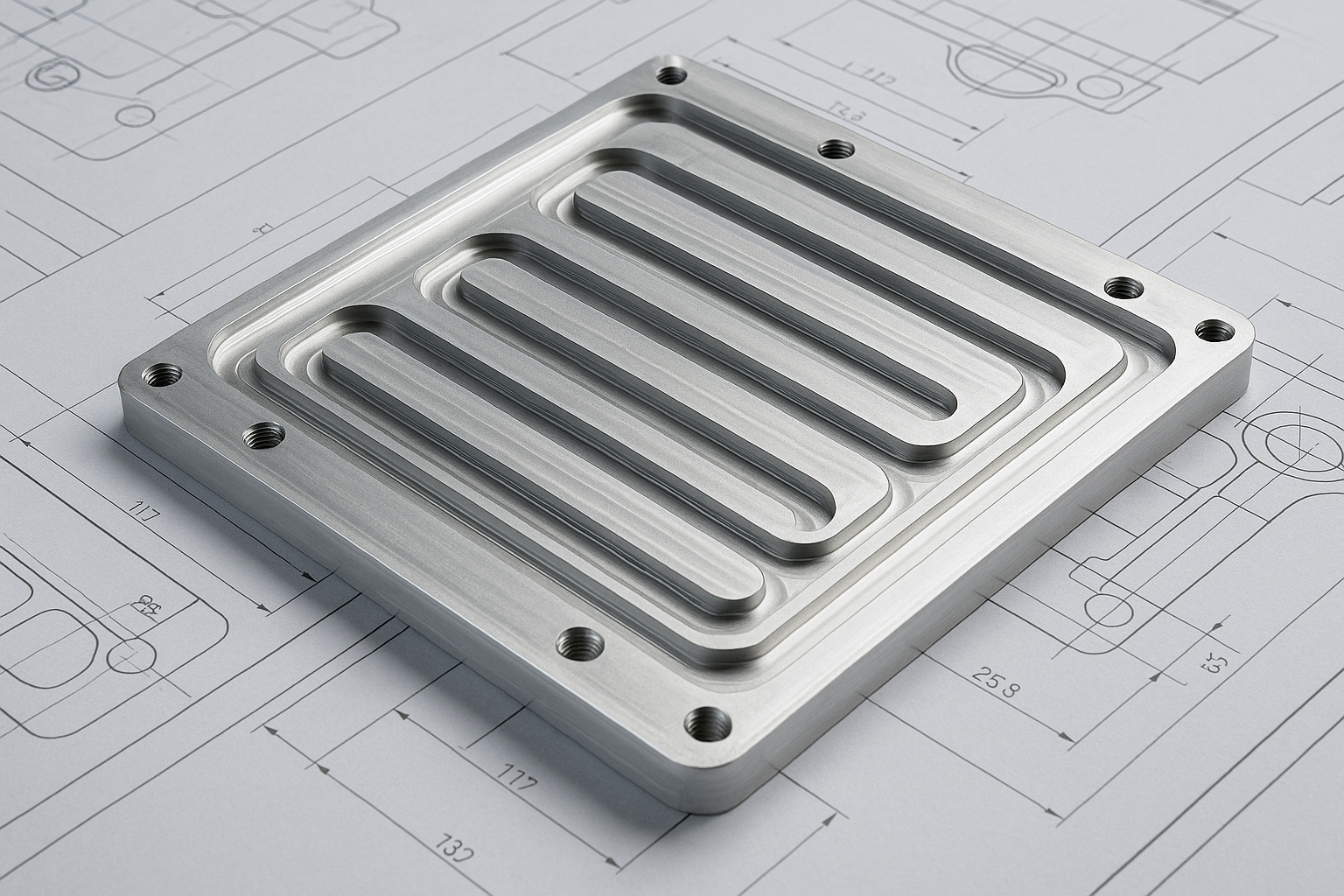 CNC-machined aluminum cooling plate with serpentine channels for EV battery systems, positioned on technical engineering blueprints