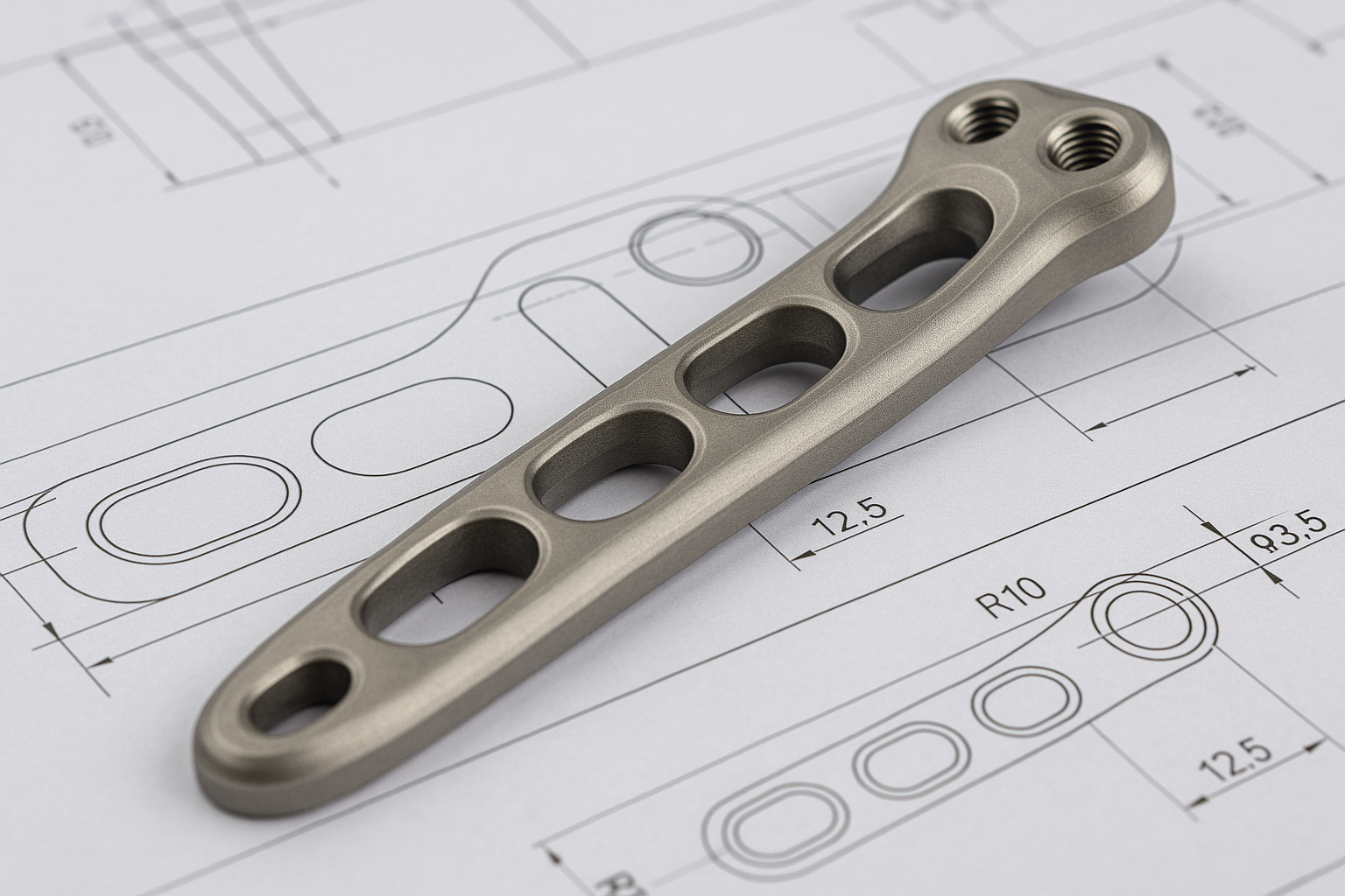 CNC-machined titanium alloy medical implant component placed on technical engineering drawings
