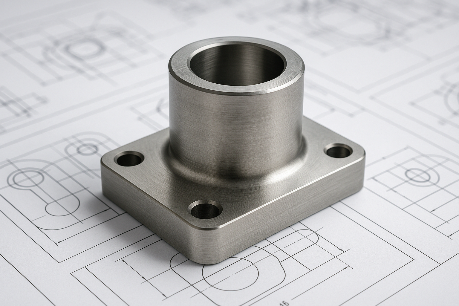 CNC-machined stainless steel marine component with flange base, resting on detailed engineering drawings