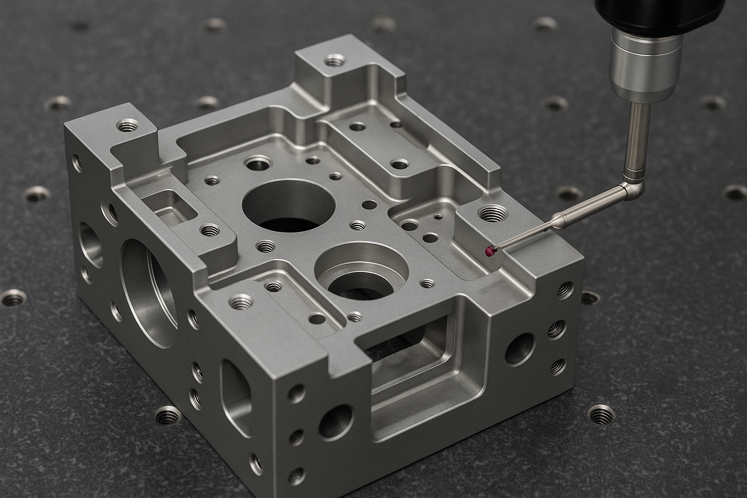 CNC precision machined component being inspected by a coordinate measuring machine (CMM) for use in a metrology system.