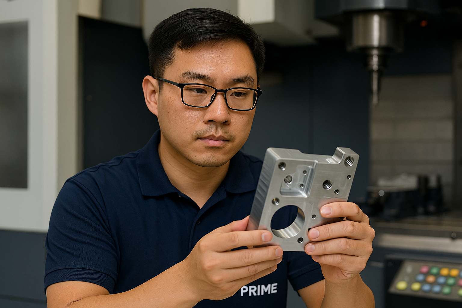 Asian PRIME engineer inspecting a precision CNC machined component