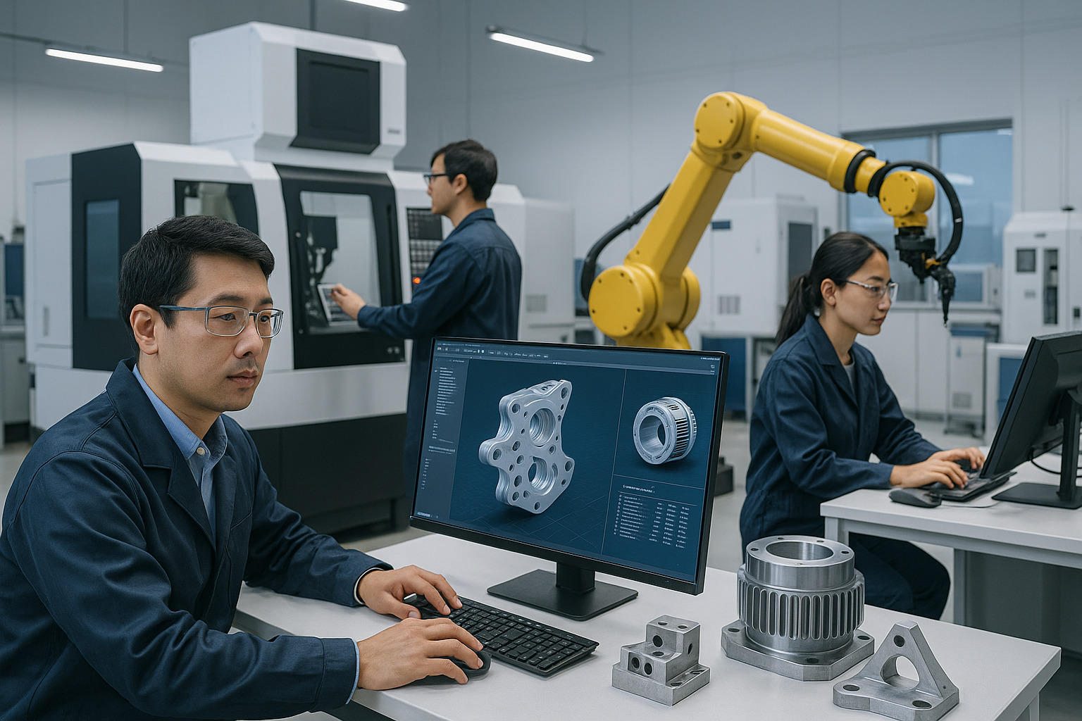Asian engineers developing custom CNC parts in a modern R&D lab.