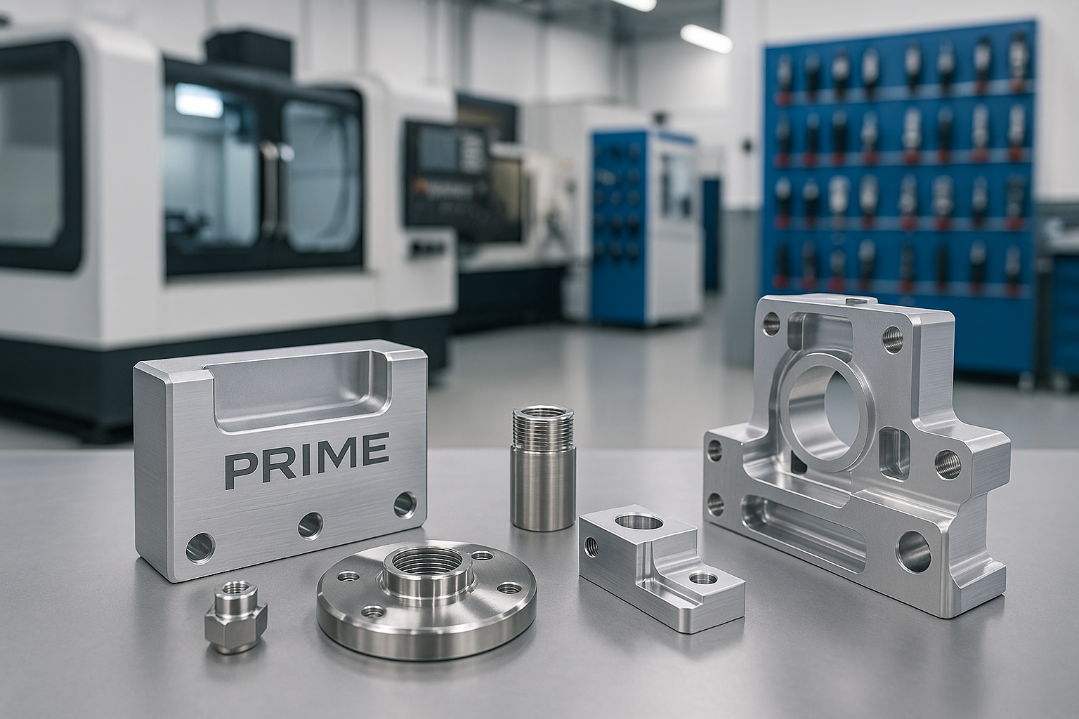 Precision CNC machined metal parts with the PRIME logo displayed on a workshop table.