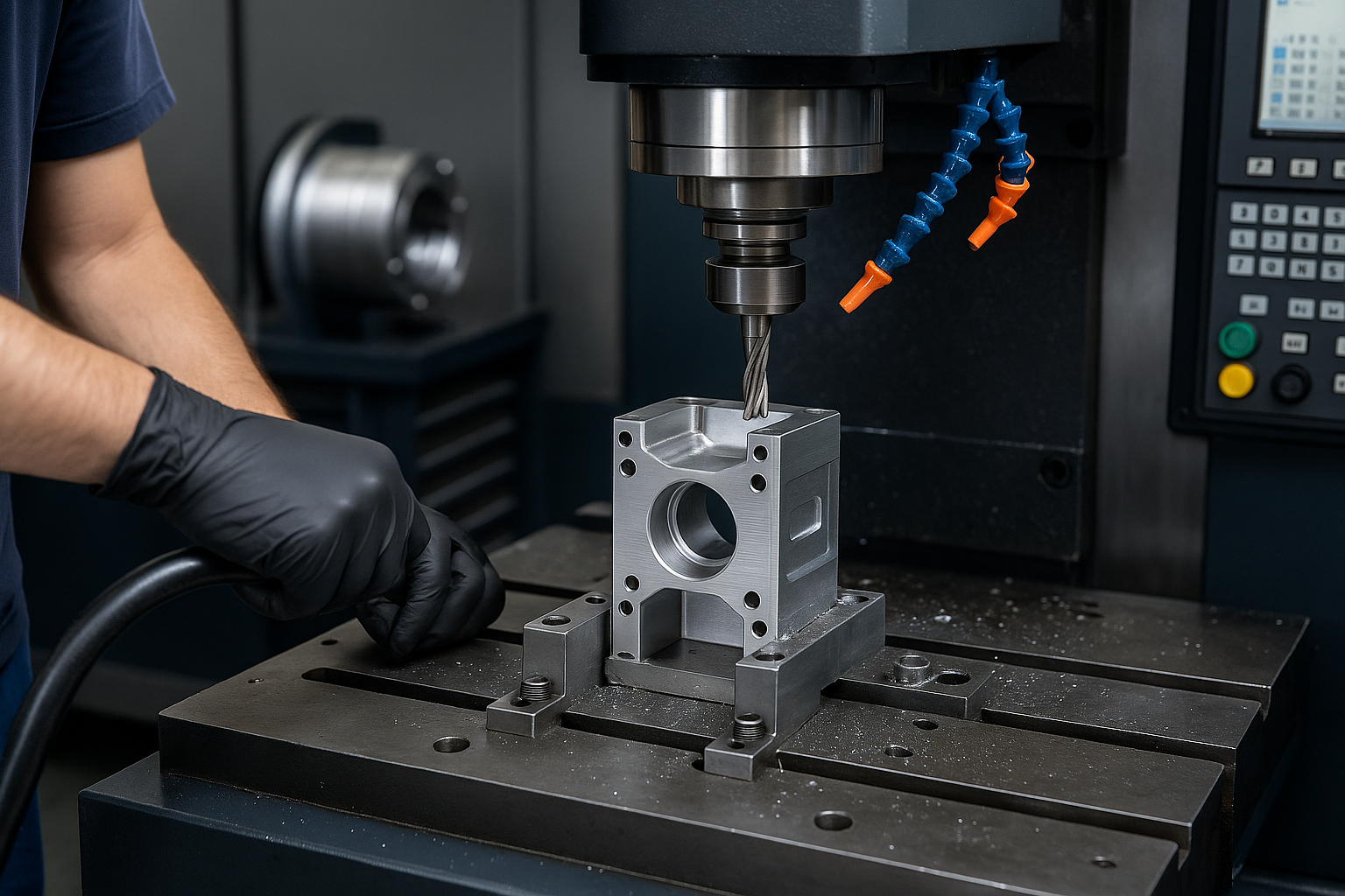CNC machine milling an aluminum part during precision machining.