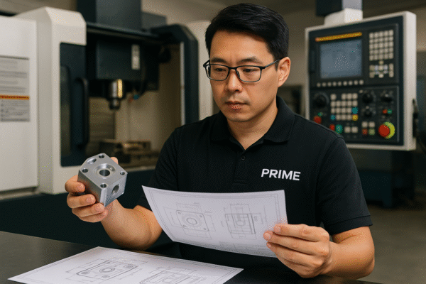 A high-resolution image shows an Asian engineer wearing a black PRIME polo shirt carefully inspecting a precision CNC-machined metal component. He holds a detailed technical drawing in one hand and the machined part in the other, comparing dimensions and features. In the background, a CNC milling machine and control panel are visible, highlighting a professional and technical manufacturing environment.