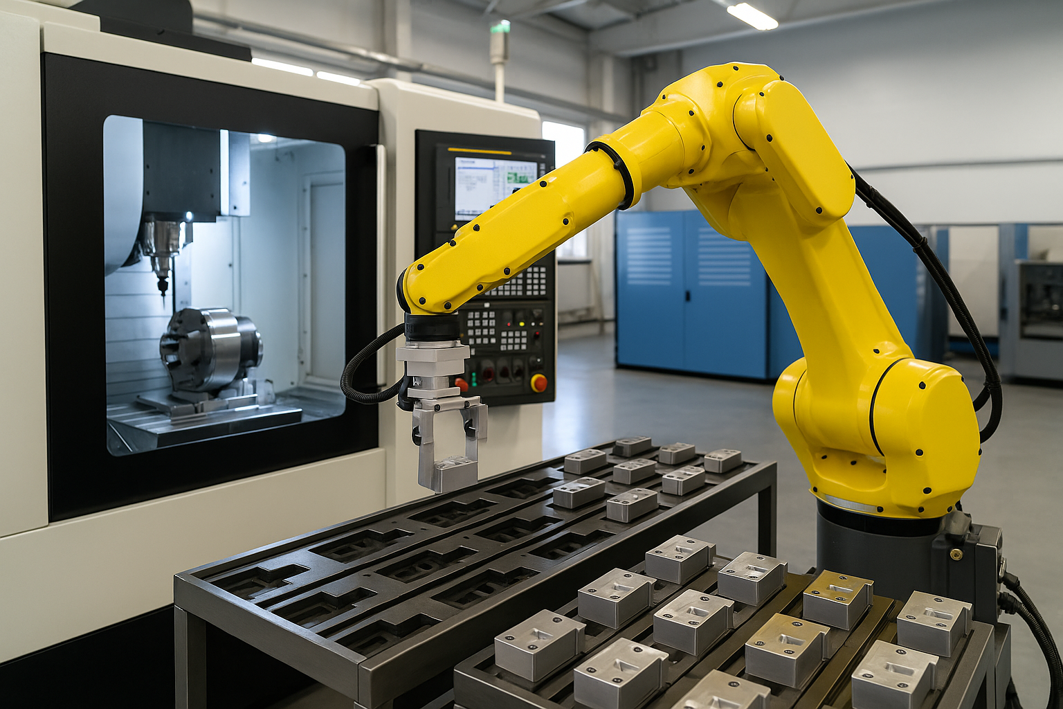 Automated CNC production line with integrated yellow robotic arm handling machined parts.