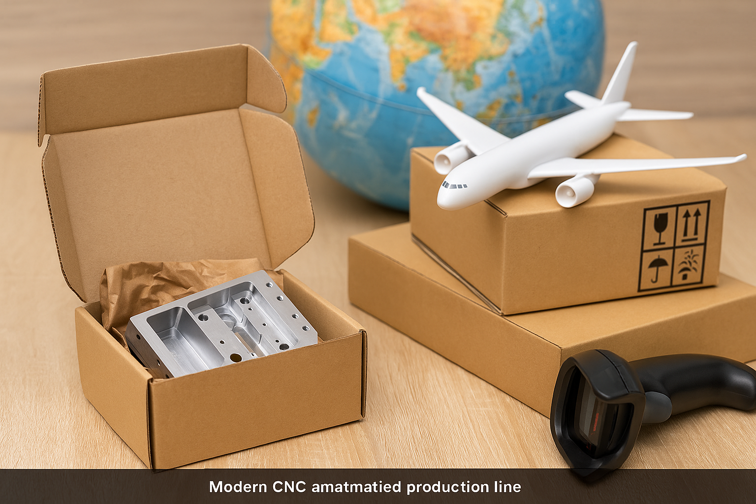 CNC-machined part in packaging with global logistics symbols and airplane model.