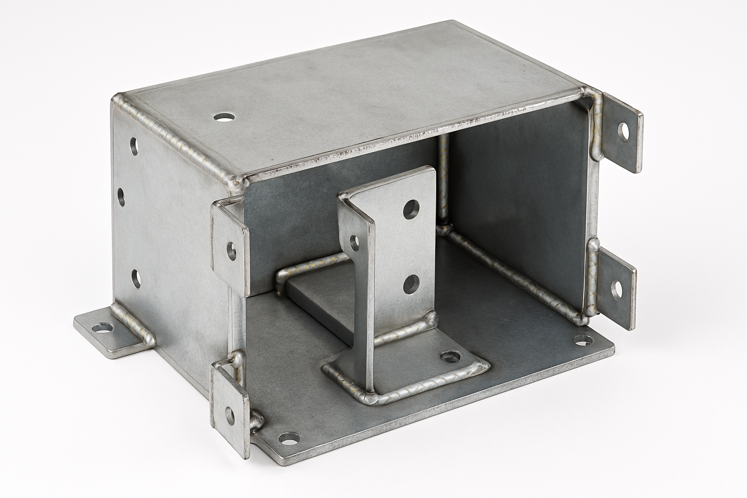 Welded sheet metal enclosure with clean fillet welds and mounting holes, shown from an elevated angle.