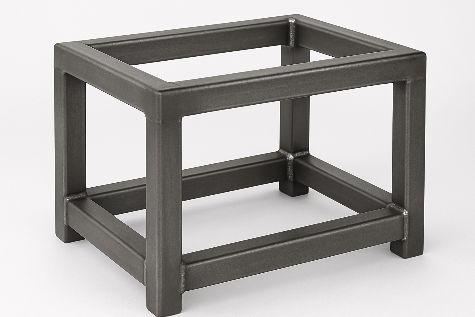 Welded structural steel frame made from square tubes with visible weld joints and a matte black finish.