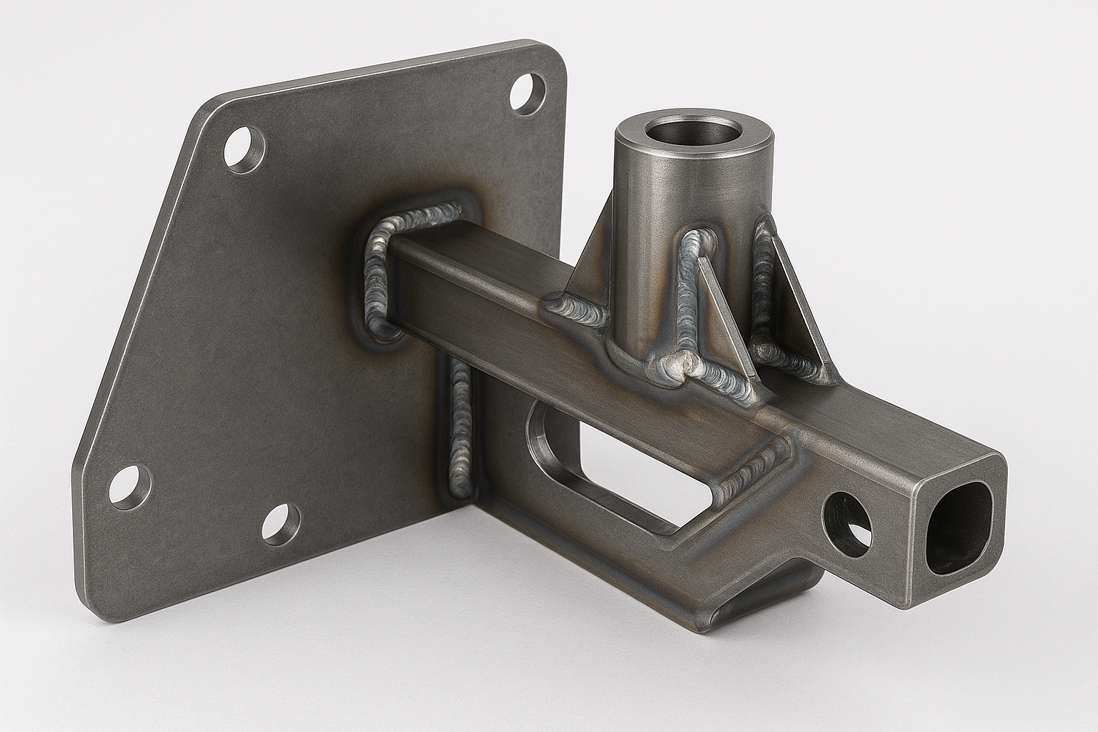 Robotic welded steel component featuring precise welds, mounting plate, and structural bracket with heat-affected zones.