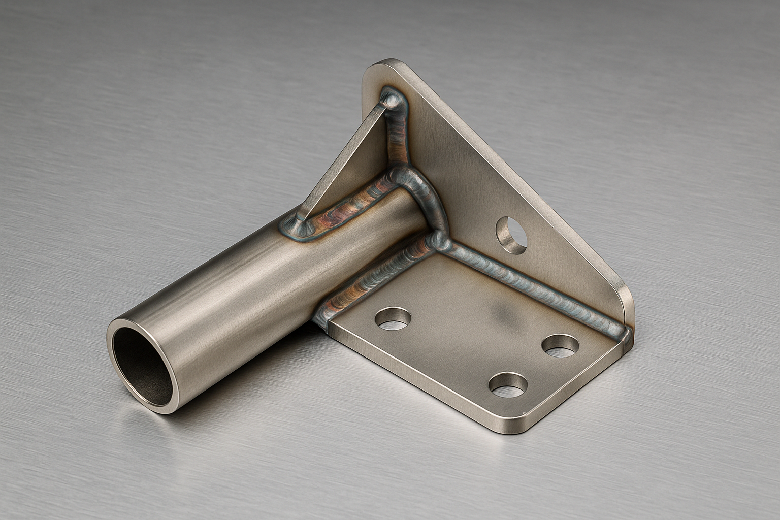 Stainless steel welded bracket with round tube and precision welds, mounted on a brushed metal background.