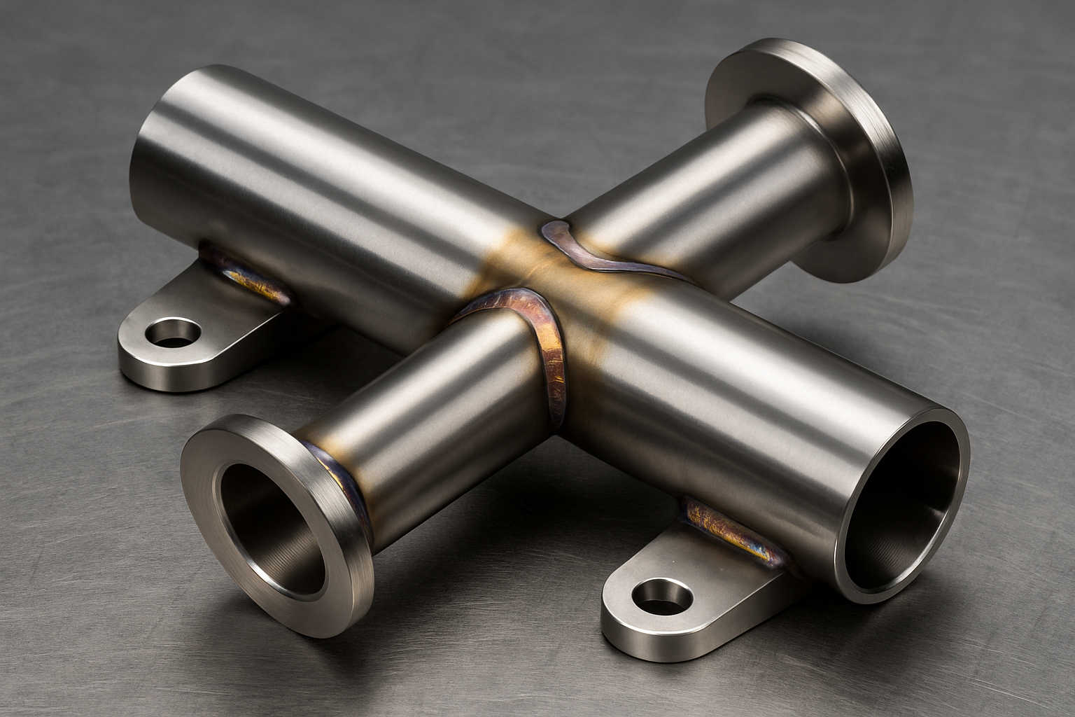 Welded stainless steel pipe assembly in a T-configuration with smooth welds and iridescent heat marks.
