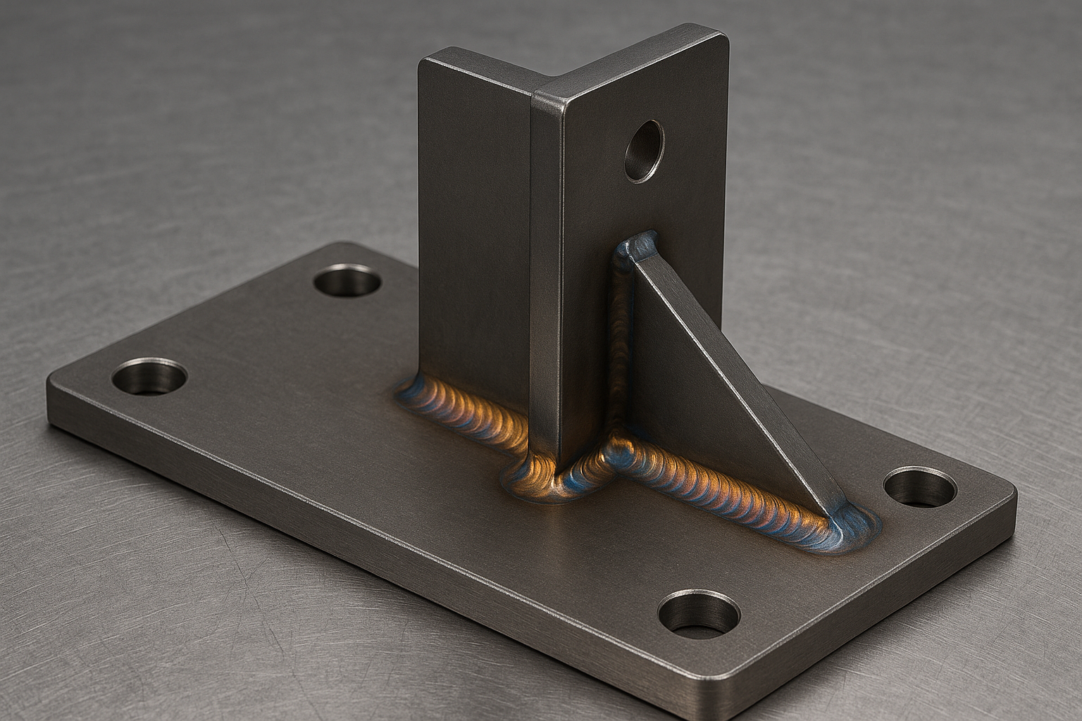 Welded steel bracket mounted on a flat base plate with colorful welds and chamfered holes.