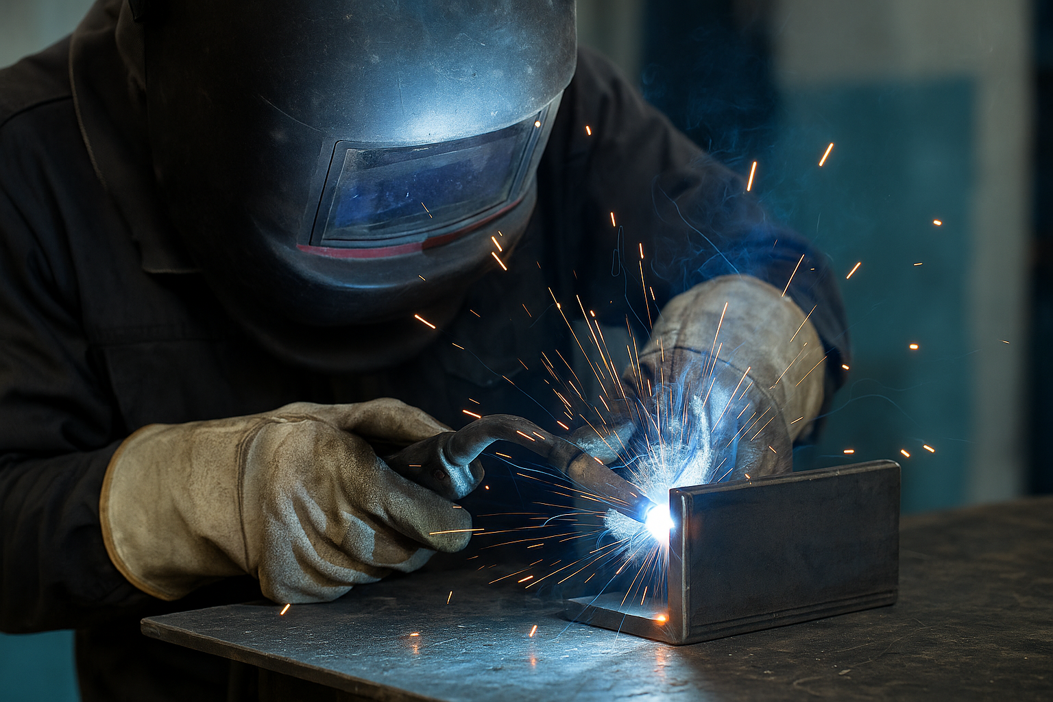 A welder in full protective gear manually welding two steel pieces using an arc welder, with sparks flying and intense blue light illuminating the metal joint.